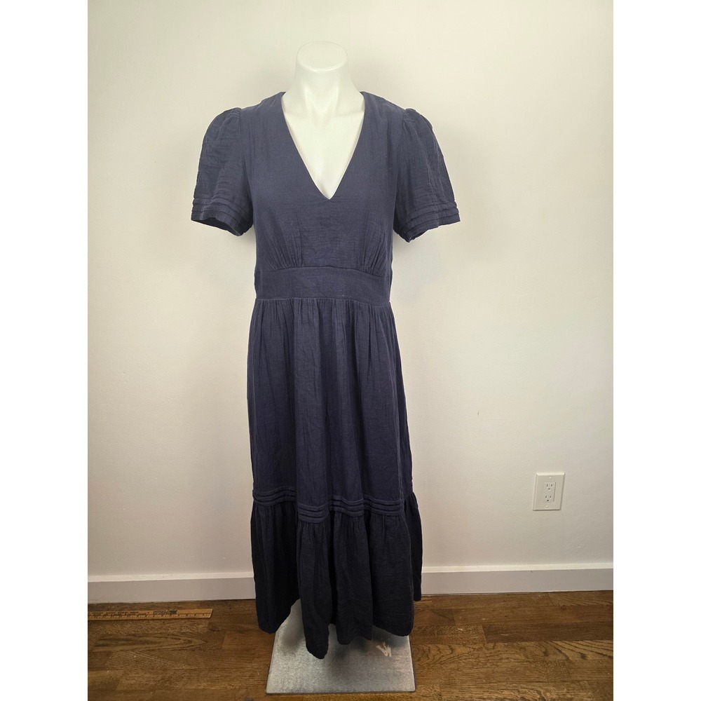 Boden Eve Double Cloth Navy Blue Cotton Gauze Tiered Midi Dress US 8R D0910